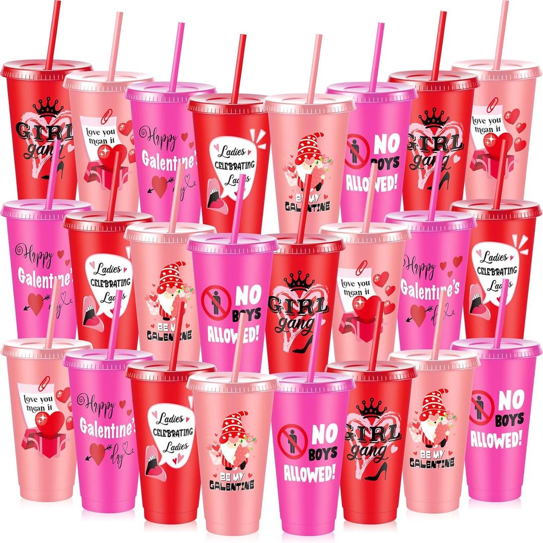 Chuangdi 24 Pcs Galentines Day Plastic Tumbler with Lids and Straws, 6 Designs 24 oz Reusable Valintine's Day Cups for Galentines Valintines Birthday Decorations Party Favors Supplies Gifts Bulk