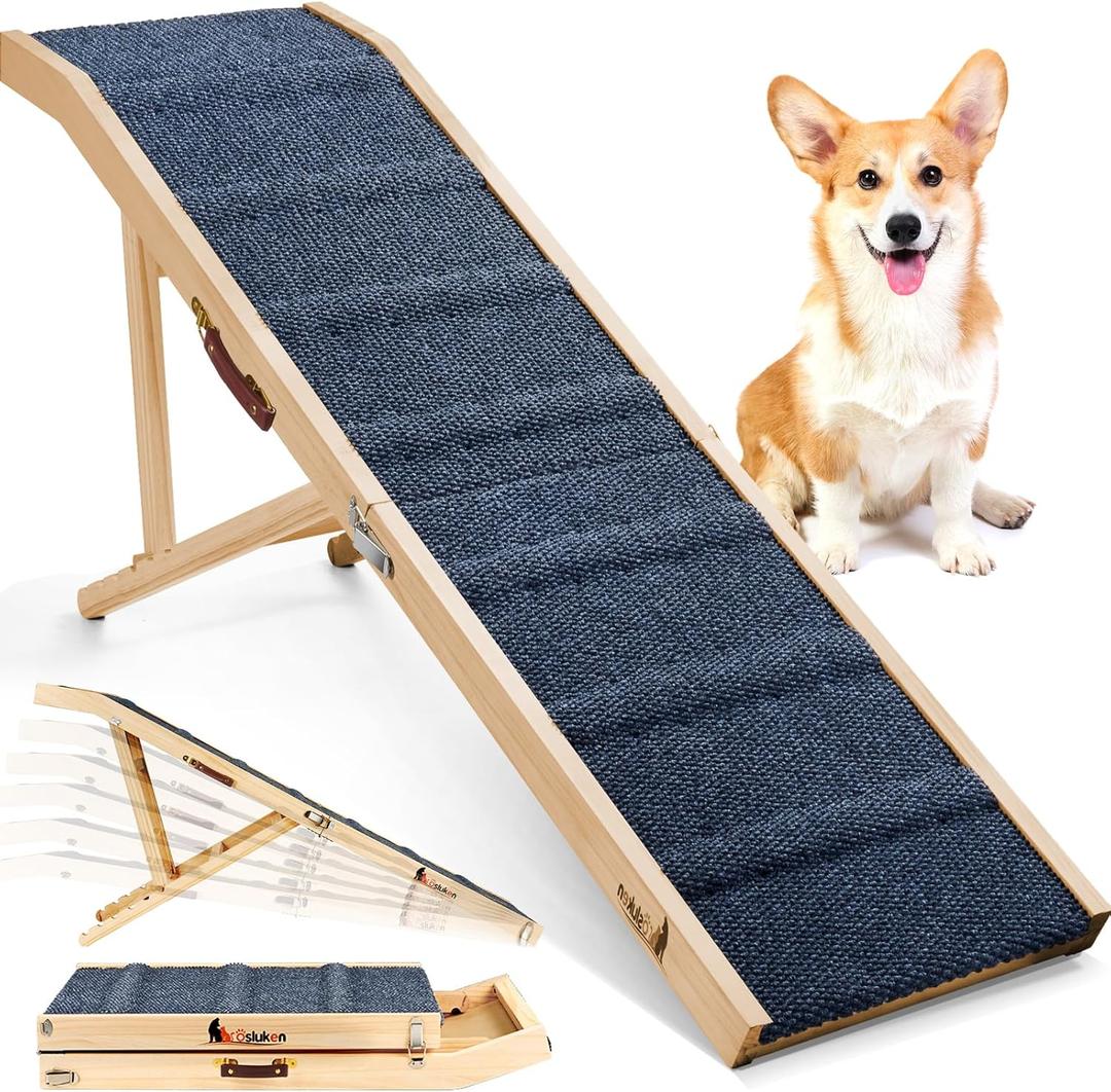 Dog Ramp for Bed, L64 W17 Foldable Pet Ramp for Small Large Dogs Cats, Dog Ramps for High Beds Car, High Traction with Platform 6 Adjustable Heights 24" to 30" Up to 220LBS, Wood