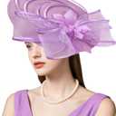 Dressfan Womens Church Derby Fascinator Hats,20s 50s Linen Feather Vintage Feather Wedding Tea Party Derby Hats (Purple)