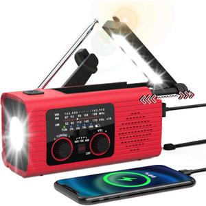 Emergency Weather Radio, 4000mAh NOAA Weather Alert Radio Solar Charging, Hand Crank & USB Charged, AM/FM with LED Flashlight, Reading Lamp, SOS Alarm, Headphone Jack for Outdoor Indoor (Red)