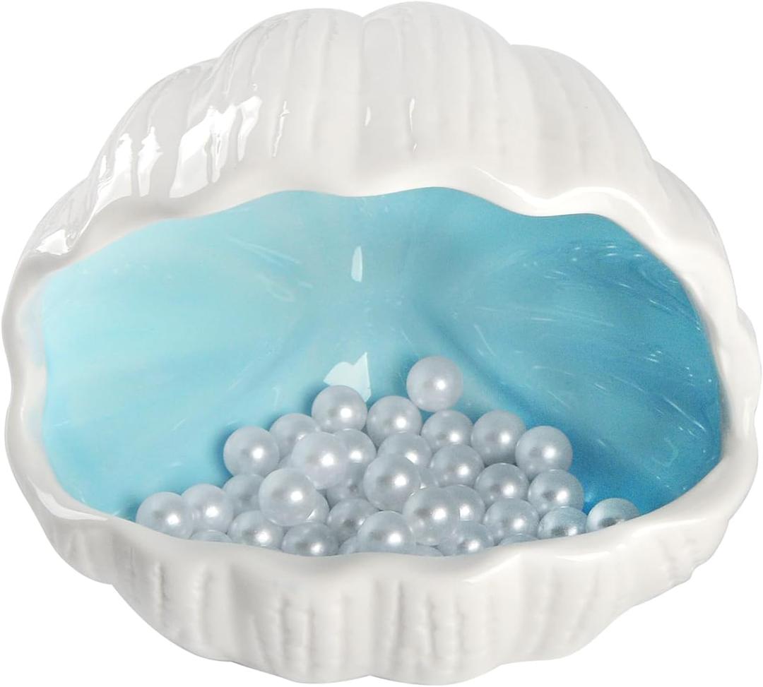 Cute Betta Fish Tank Accessory Decorations Ceramic Conch Shell-Shaped House Aquarium Decor Thematic Ornament Hideout Cave for Shrimp Fish Playing or Hiding (Blue, Small with 50pcs Pearl)