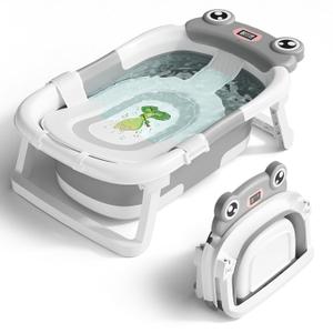 BUNWAG Baby Bathtub, Collapsible Newborn Bathtub for Infant to Toddler 0-24 Months with Soft Cushion and Thermometer,Portable Travel Newborn Tub with No-Slip Feet, Baby Shower Gifts,Grey