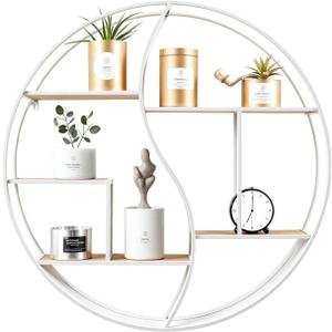 Round Wall Shelf,24 inch Metal Circle Wood Floating Shelves,Rustic White Wall Mounted Display Organizer Shelf for Fireplace,Living Room,Bathroom