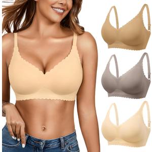 Seamless Jelly Bras for Women 3 Pack - Deep V Wireless Push Up No Wire Womens Bra Padded Comfort with Support for Gifts (M)
