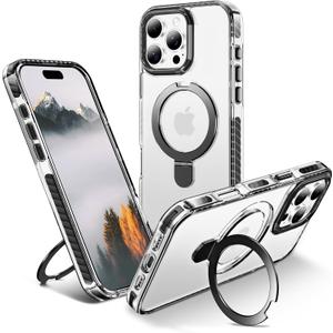UMIONE for iPhone 16 Pro Clear Magnetic case with Stand and Finger Ring, Compatible with magsafe, Shockproof Transparent Hard Plate, Full Body case, Universal for Boys and Girls 6.1 - Black