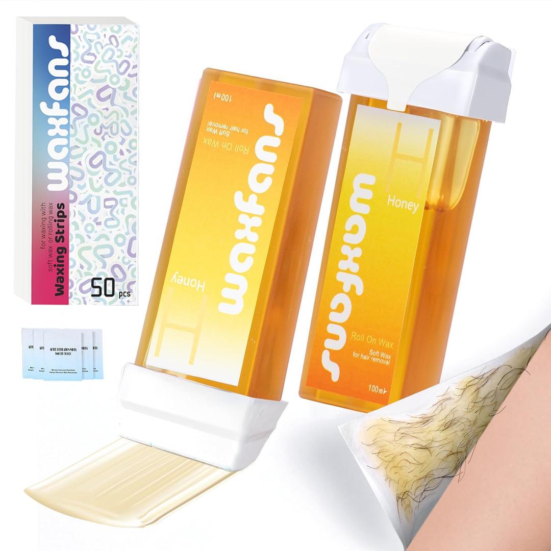 Waxfans Roll On Wax Refill,Wax Roller Refill for Hair Removal,Quick Melting - For Coarse and Fine Hairs.with 3.53 Ounce(Pack of 2) Honey Waxing Rollers, 50 Waxing Strips