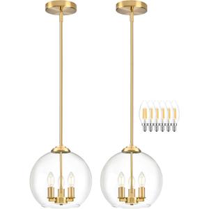 12" Gold Pendant Lights 2 Pack Glass Globe Pendant Light Fixture Bedroom Mid Century Modern Pendant Lighting Brass Pendant Light for Kitchen Island Bedroom Living Room (Bulb Incl.)
