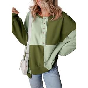 SHEWIN Womens Oversized Color Block Sweatshirts Casual Loose Button Henley Pullover Tops (Green, M)
