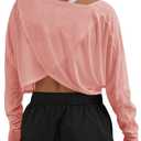 Fisoew Womens Long Sleeve Workout Tops Athletic Shirts Cropped Crossover Back Loose Running Gym Tee with Thumb Holes Pink