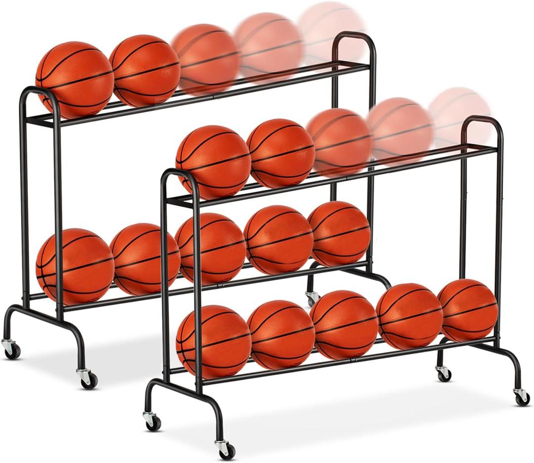 Tilt Basketball Rack Ball Storage Holder - Tilt Basketball Shooting Training Rack, Garage Sports Equipment Organizer, Outdoor and Indoor Rolling Balls Cart with Wheels (2 PCS)