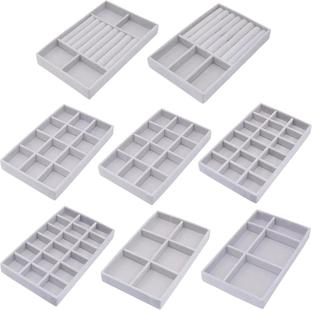 Jewelry Storage 8PACK, Velvet Jewelry Organizer Trays, 4PCS Stackable Jewelry Tray for Drawers, Grey Organizer for Rings, Earrings, Necklaces, Watches, Bracelets, Brooches
