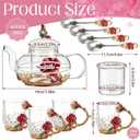Maxdot 5 Pcs Floral Glass Tea Set with Teapot and Infuser, 14 oz Vintage Flower Teapot with 4 Rose Enamel Cups 3 oz and Spoons, Tea Party Set, Gift for Women Mom Grandma