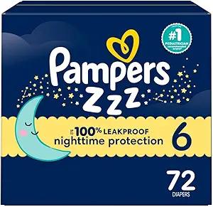 Pampers ZZZ Overnight Diapers, Size 6 (35+ lbs), 72 Count, Nighttime Protection Disposable Baby Diaper, Night Time Leak and Skin Protection