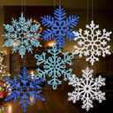 6 Pcs 12'' Large Snowflake Decorations – Giant Hanging Snowflakes, Plastic Snowflakes for Indoor & Outdoor Christmas Decor, Porch & Tree Decorations (White, Blue, Dark Blue)