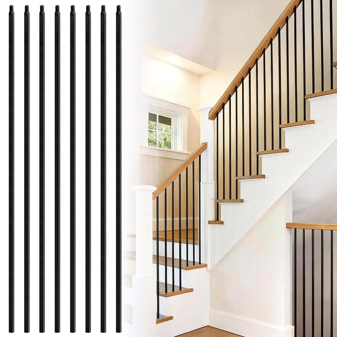30 Pcs Iron Balusters for Staircase,1/2" x 44" Satin Black Wrought Iron Spindles,Straight Square Hollow Metal Balusters for Stairs,Deck Railing,Balcony & Porch