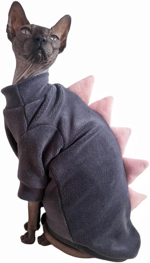 Dinosaur Sphynx Cat Clothes, Soft Polar Fleece Sweater for Cat, Elastic Pet Clothes Thick Winter Warm Outfit for Hairless Cat, Devon, Cornish, Small Dogs Apparel with Sleeves (Grey, X-Large) (XL (10-12 lbs))