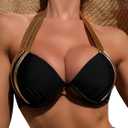 WDIRARA Women's Contrast Metallic Swimwear Halter Neck Tie Back Sexy Bikini Tops (Black, S)