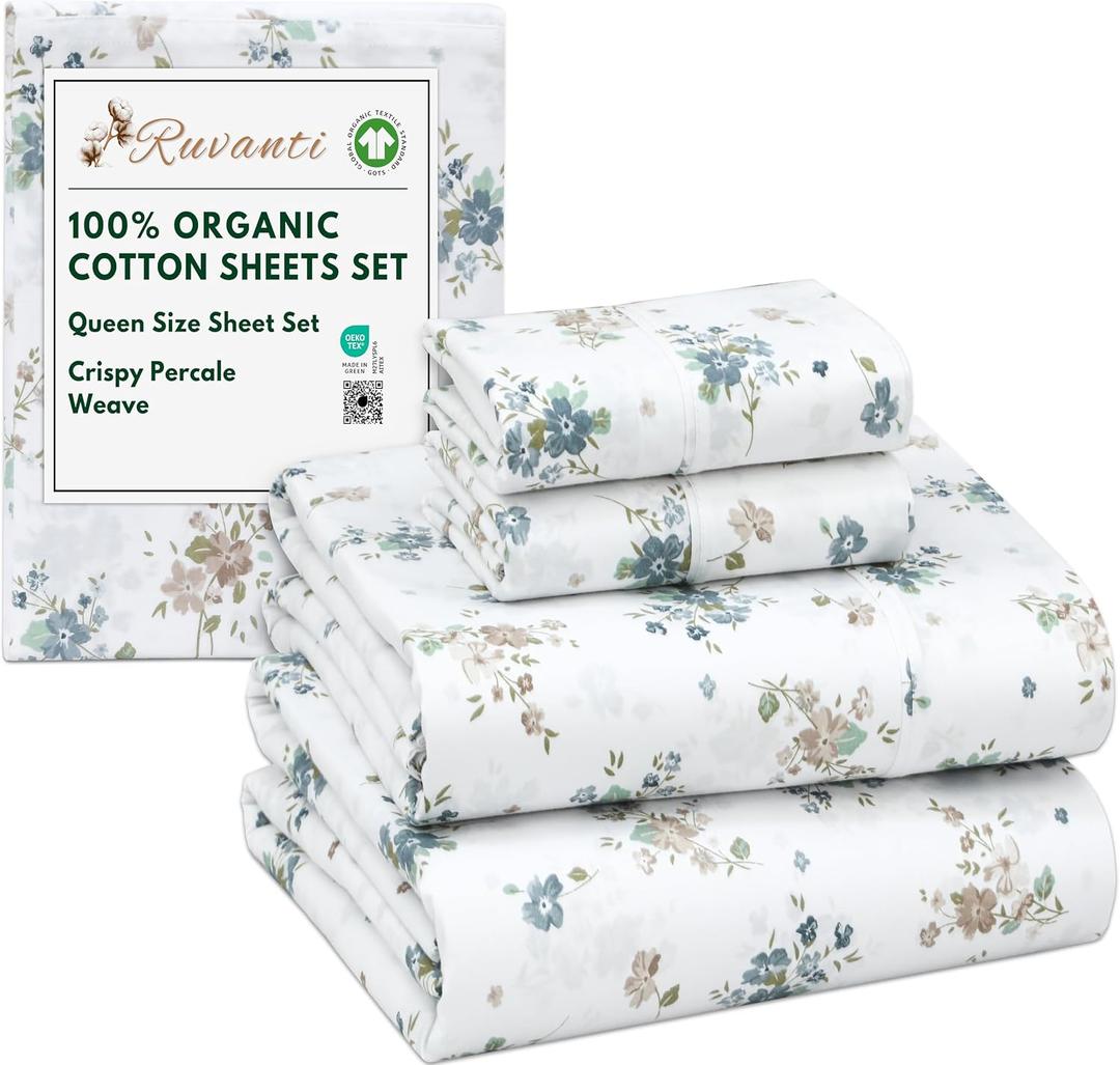 RUVANTI 100% Organic Cotton Sheets Queen Size, Percale Weave, GOTS Certified, 4-Piece Set, Deep Pocket 15", Crisp & Breathable, Soft Durable Bedding, Sbanas Algodn Orgnico Halcyon