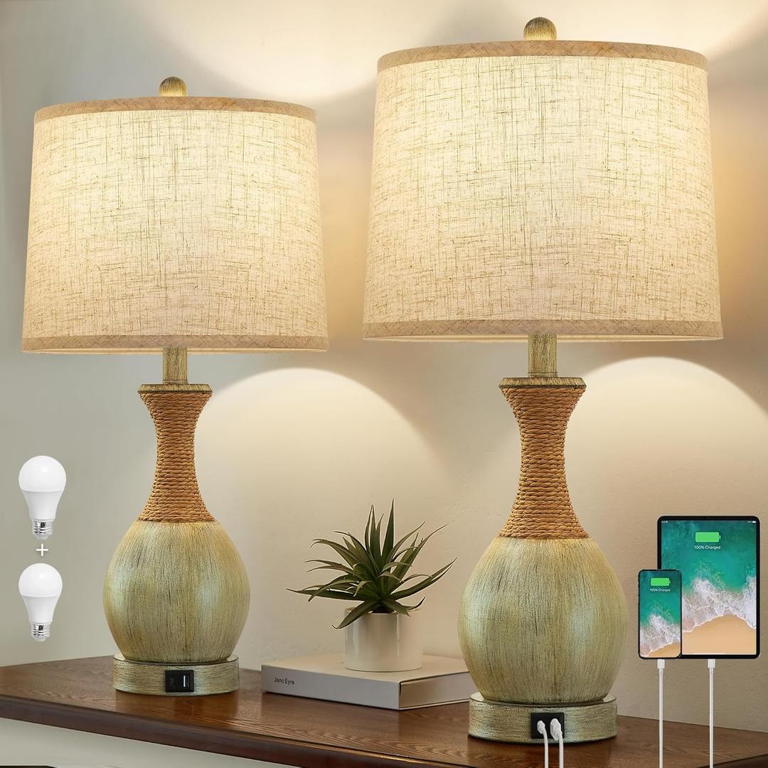 Bedside Table Lamp Set of 2 - Bedroom Table Lamps with Adjustable Color Temperatures - Boho Rattan Lamps with USB A+C Charging Ports Grey Farmhouse Living Room Lamps for Reading Bulbs Included
