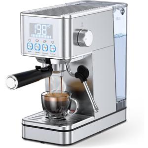 Espresso Machine, 20Bar Compact Stainless Espresso Maker, With Milk Frother Steam Wand, 57.5OZ Removable Water Tank, Displays Making Time & Water Temperature, Cold Brew & Cappuccino, Silver