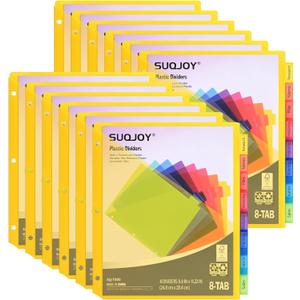 SUQJOY 8-Tab Dividers for 3 ring binder, 96 Count Binder Dividers with Pockets, Subject Dividers, 3-Hole Plastics Sheets Protectors for US Letter Size in 0.5", 1",2" Binders, Vibrant 8 Color, 12 Packs