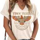 Vintage Rock Roll Concert T-Shirt Women Loose Casual Shirt Tops Funny Skeleton Eagle Graphics V Neck Short Sleeve (Small)