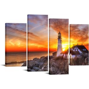 Nachic Wall Ocean Beach Pictures Portland Lighthouse Wall Art Canvas Coastline Sunset Landscape Poster Prints for Home Living Room Framed Ready to Hang