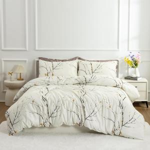 EAVD Vintage Style Garden Floral Comforter Set King White Soft Microfiber Chic Floral Tree Branches Pattern Bedding Set 1 King Comforter and 2 Pillowcases Reversible Botanical Comforter for All-Season