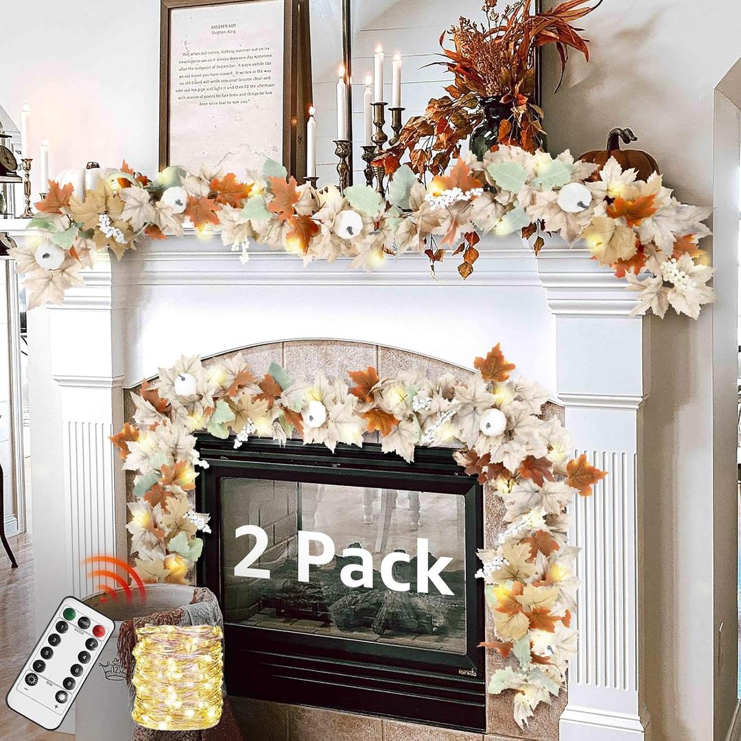 Neutral Fall Garland for Mantle Fireplace - 2 Pack 6Ft Outdoor Autumn Leaves Decor for Home Front Door with Pumpkins Indoor Maple for Farmhouse Table Stairs Porch Halloween Thanksgiving Decorations