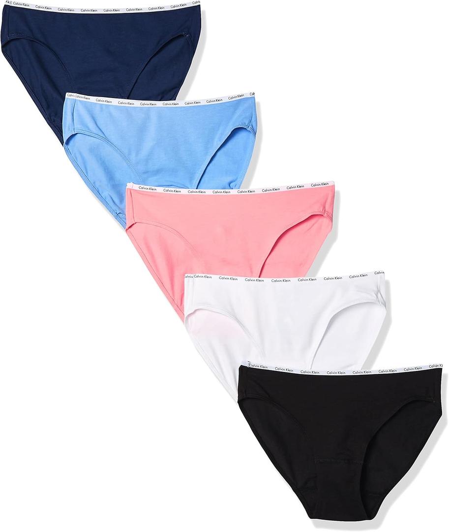 Calvin Klein Womens Cotton Stretch Logo Bikini Panties, Multipack (Large, Black/White/Genie/Tender/Coastal)
