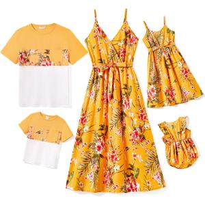 PATPAT Family Matching Outfits Mommy and Me Dresses Hawaiian Tropical Vacation Beach Spaghetti Strap Dress and Shirt, S