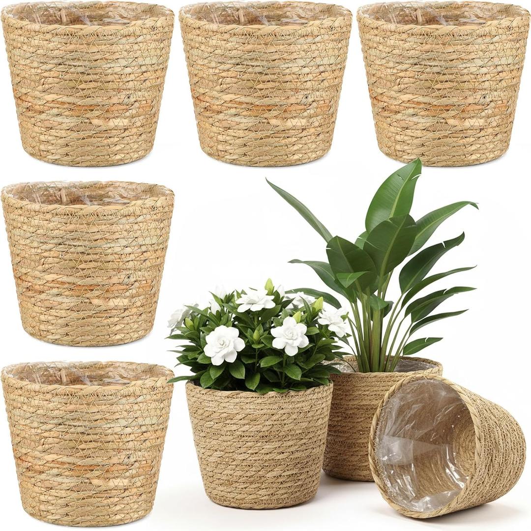 AceOrbit 6 Pcs Wicker Plant Basket with Plastic Liners Woven Stylish Planter Baskets Bulk Indoor Outdoor Seagrass Plants Woven Wicker Baskets for Flower Pots Cover and Room Decor (Small, Rustic)