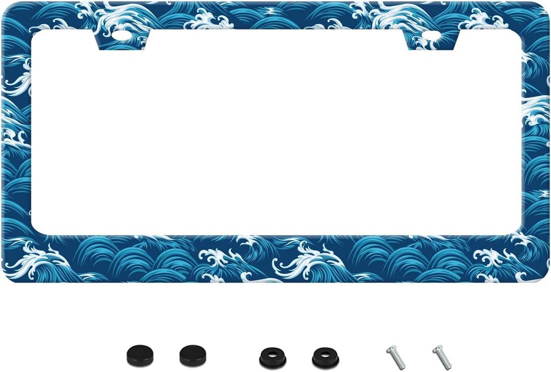 Ocean Waves License Plate Frame Funny Beach Sea Wave Stainless Steel License Plate Frames Auto Parts Decoration with Screws License Plate Holder for Men Women 12x6 Inch (one size)