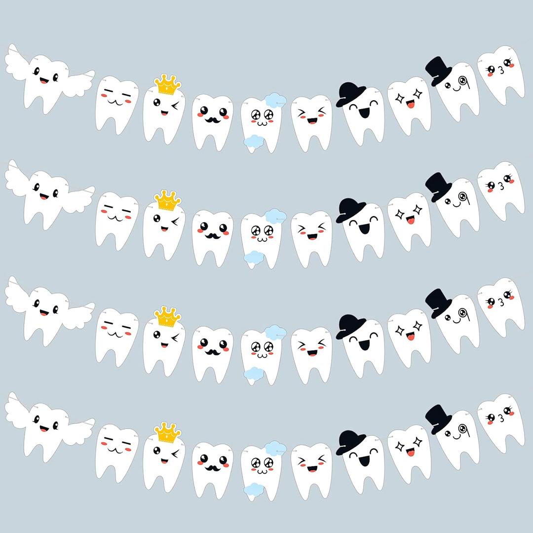 4 Pieces Tooth Banner Decorations 1st Tooth Banner Garland for Dental Graduation Birthday Party Baby Shower Decor