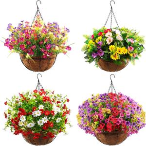 Lyrow 4 Pack Artificial Hanging Flowers with Baskets Outdoors Faux Flowers with 12 Inch Coconut Lining Baskets Realistic Artificial Hanging Plants for Patio Lawn Garden Decor