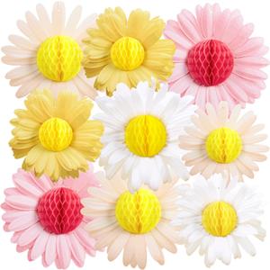 SUNBEAUTY Honeycomb Paper Flower Decorations Daisy Tissue Paper Pom Poms Hanging Pink White Yellow Honeycomb Flower Decorations for Spring Summer Wall Birthday Wedding Backdrop Garden Classroom
