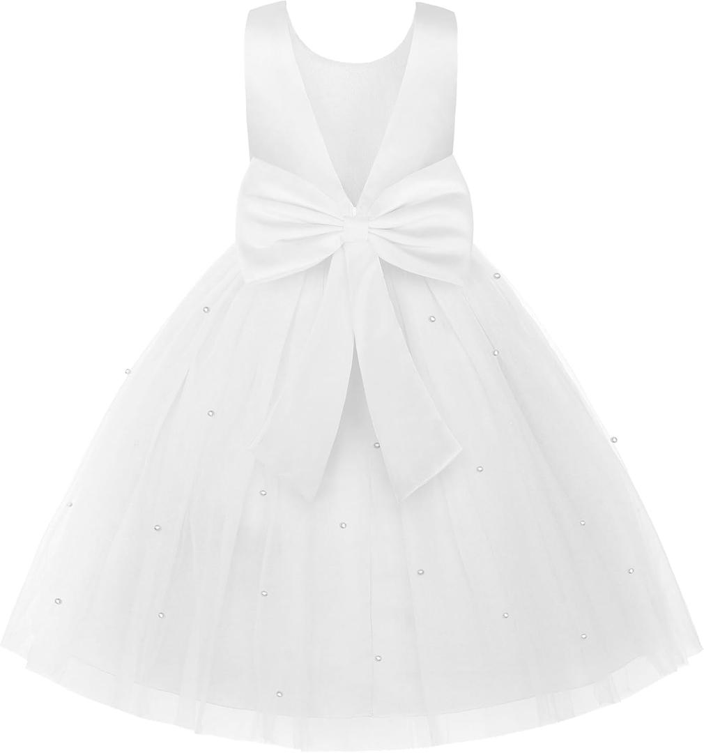 Uhnice Flower Girl Dress Satin Ball Gown for Wedding Party with Bowknot (5-6 Years, White)