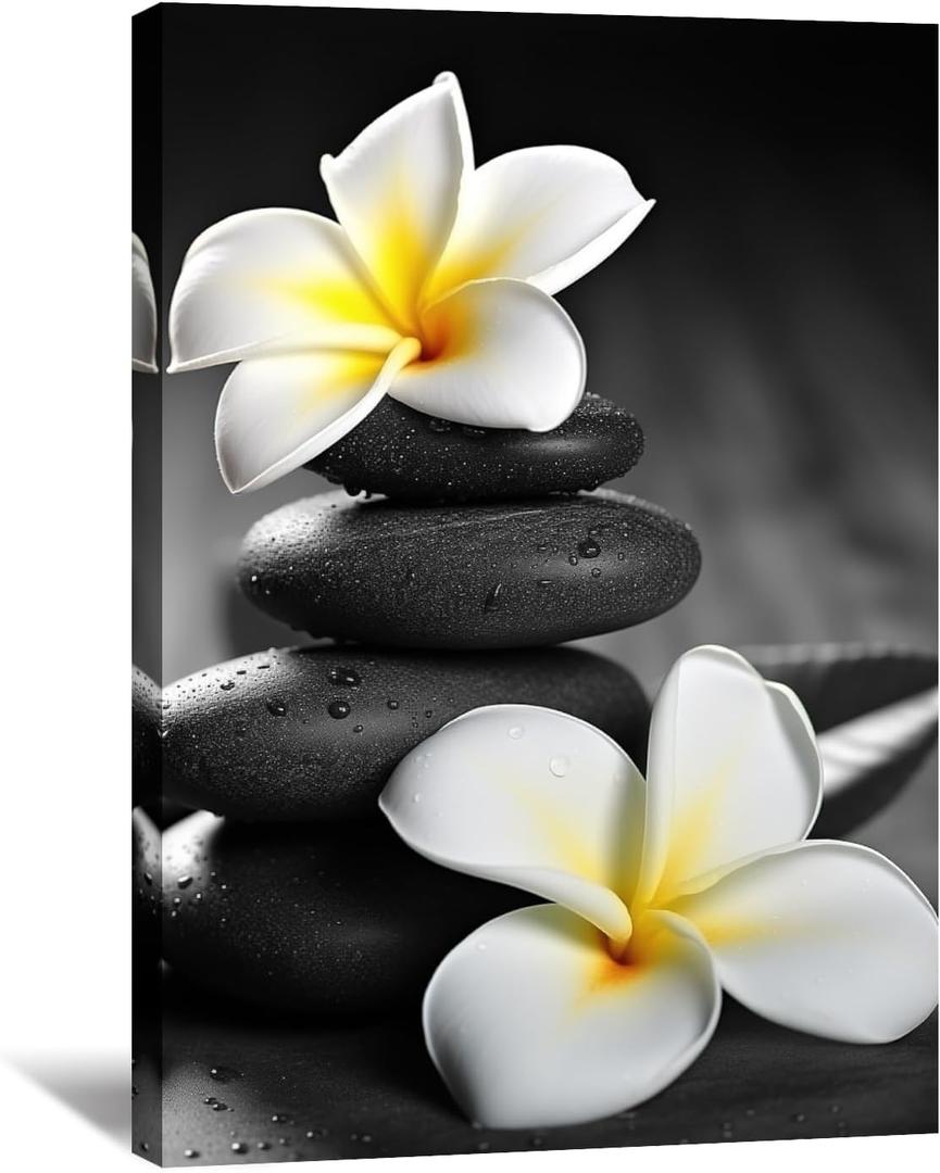 LYUNSHUO Zen Wall Art,Black and White Picture Canvas Print Spa Stone Painting Frangipani Flower Poster Minimalism Artwork for Spiritual Room Bathroom Living Room Office Home Decor(Art-5,16.00"x24.00")