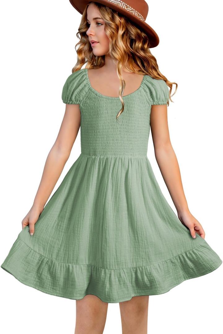 blibean Teen Girls Cotton Dress Smocked Sundress with Pocket 6-15 Years (12-13 Years, A Green)