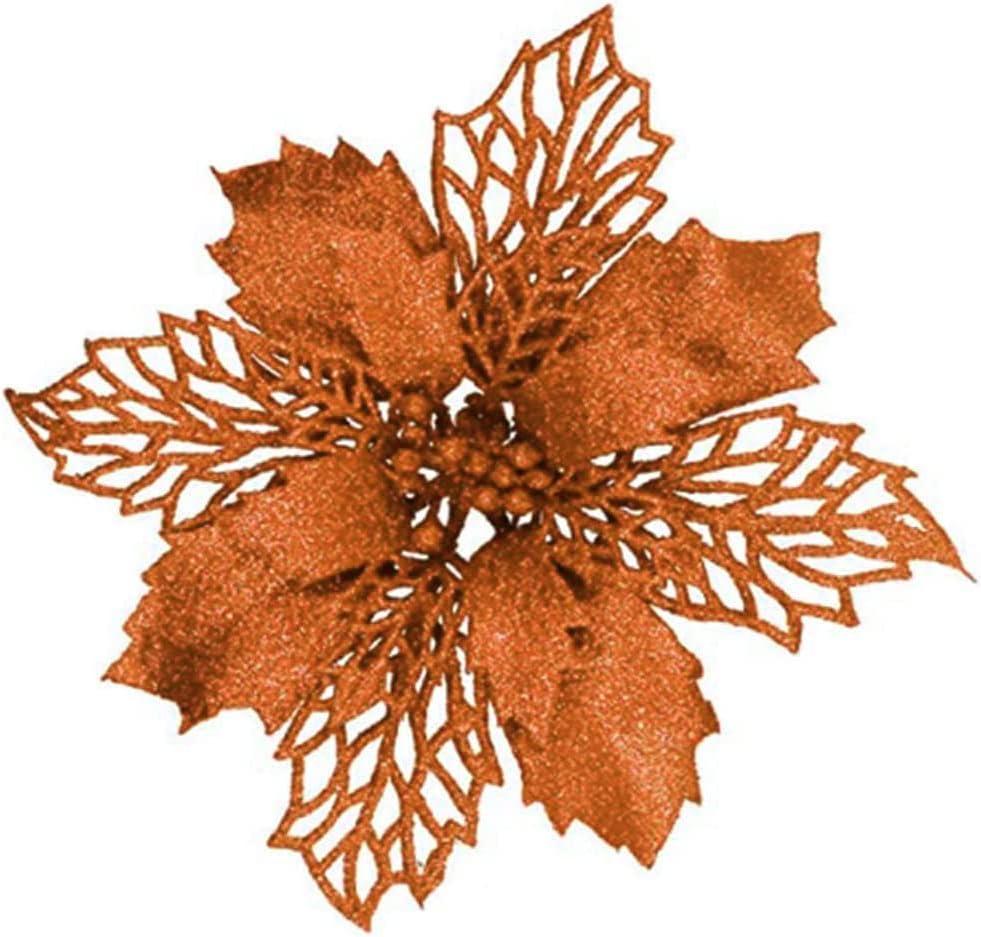 YYCRAFT Glitter Poinsettia Flowers 6 Inch for Christmas Tree Ornaments Christmas Decorations - 12 Pcs, Orange