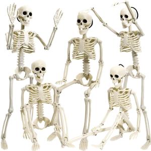 5 Pack Halloween Skeleton Decoration,16" Full Body Posable Skeleton Realistic Human Bones with Posable Joints for Halloween Pose Prop Decor Yard Lawn Garden Patio Outdoor Haunted House Decorations