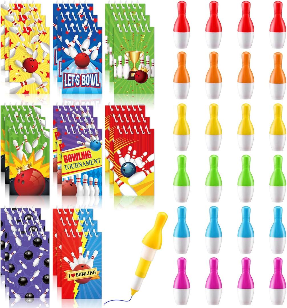 Kisston 48 Pcs Bowling Party Favors Include 24 Mini Notebooks Sports Notepads and 24 Ballpoint Pen Bowling Gifts for Party Decoration Teacher Office Reward Supplies