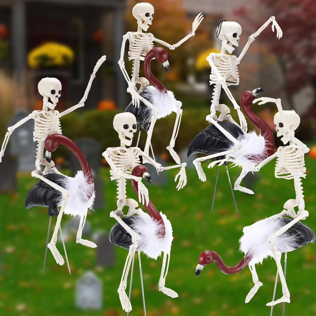 Geelin 10 Pcs Halloween Flamingo Skeletons Stakes Yard Decorations 16 in Skeleton Riding Black Buzzards Outdoor Decor Vulture Statue Stakes Decor for Halloween Lawn Garden Outdoor Party