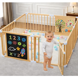 Foldable Wooden Playpen for Babies and Toddlers, 63x63x24 Inch
Natural New Zealand Pine Wood, Black and White Chalkboard, Includes Accessories