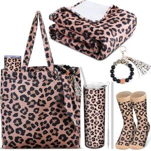 Yaomiao 4 Pcs Leopard Gift Stuff Set for Girl Women Cheetah Print Blanket 20 oz Leopard Stainless Tumbler Cheetah Tote Bag Bracelet Keychain, Party Gifts Supplies