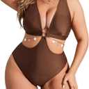 WDIRARA Women's Plus Size One Piece Swimsuit Cut Out Deep V Neck Swimwear (Brown)