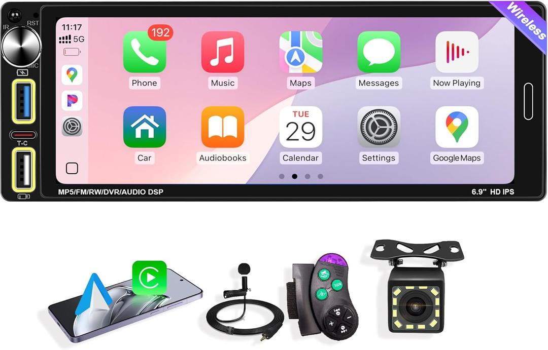 6.9" Single DIN Car Stereo Radio with Wireless Apple CarPlay, Car Bluetooth 5.2, Android Auto,IPS 1280 * 480 HD Screen,FM Radio,Backup Camera,USB Type-C Fast Charging,180W Audio Subwoofer,Navigation