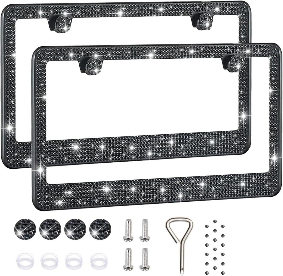 2 Pack License Plate Frames for Women, Sparkly Rhinestone Diamond Car Accessories with Glitter Crystal Caps (Black (2PCS)