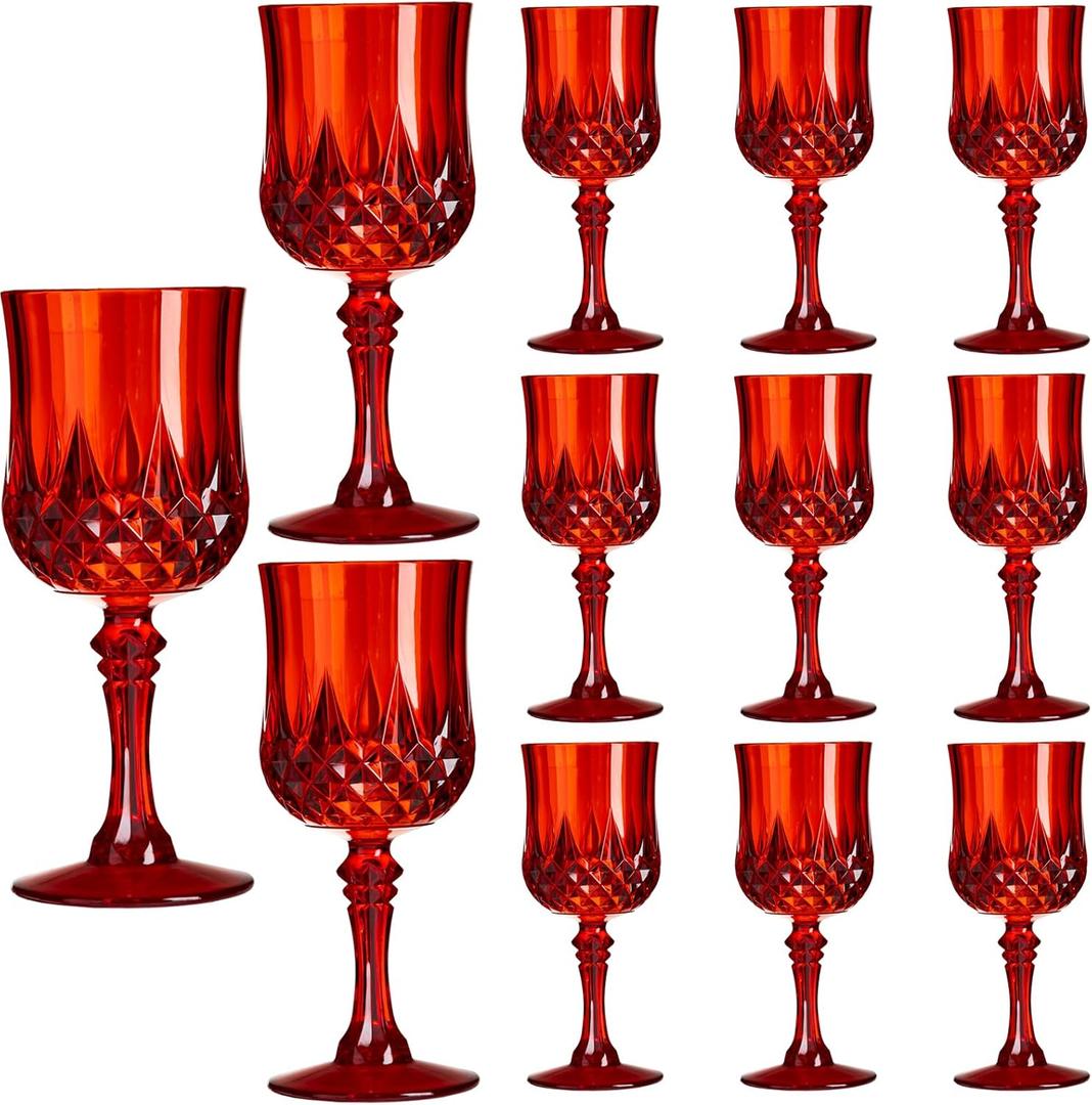 XKXKKE 12 Pcs Red Plastic Wine Glasses, Plastic Water Goblets for Parties, Stemmed Drinking Glasses for Wedding Reception, Grand Event Party Bar Supplies Reusable Drinking Cups