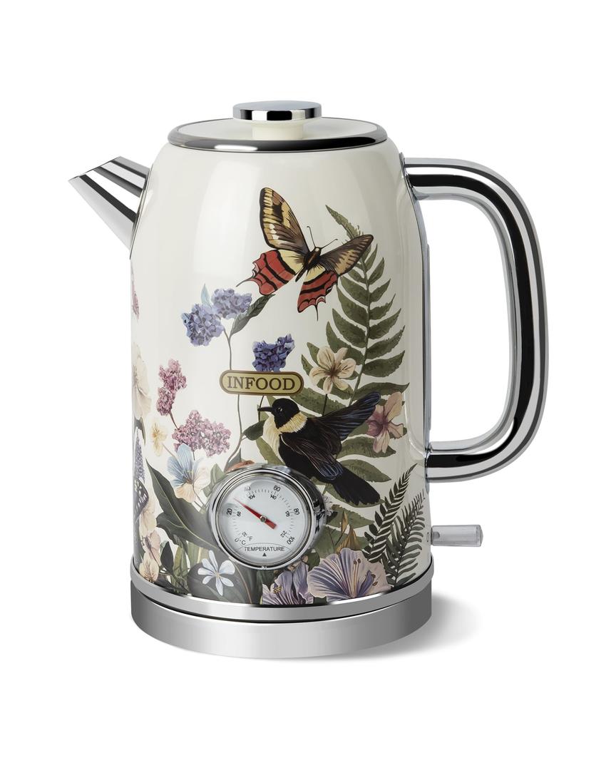 INFOOD Retro Electric Kettle 1.8L/ 60.8oz with Thermometer - 1200W Fast Boiling Stainless Steel Tea Kettle with Water Level, BPA-Free, Auto Shut-Off, Boil-Dry Protection, Vintage Floral Design
